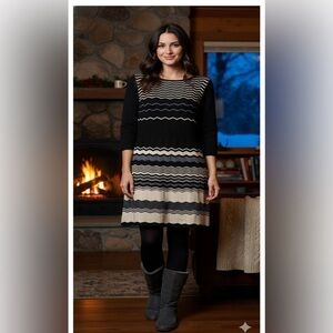 Nine West Knit Chevron Wave A-Line Dress L Black Ivory bluish , Cozy Winter